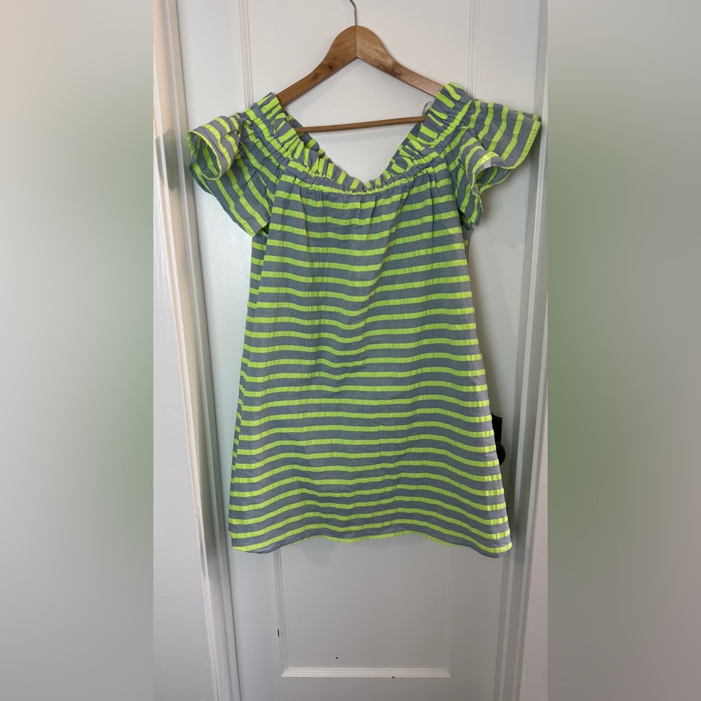 Corey Lynn Calter Lime and Gray Striped off the shoulder dress